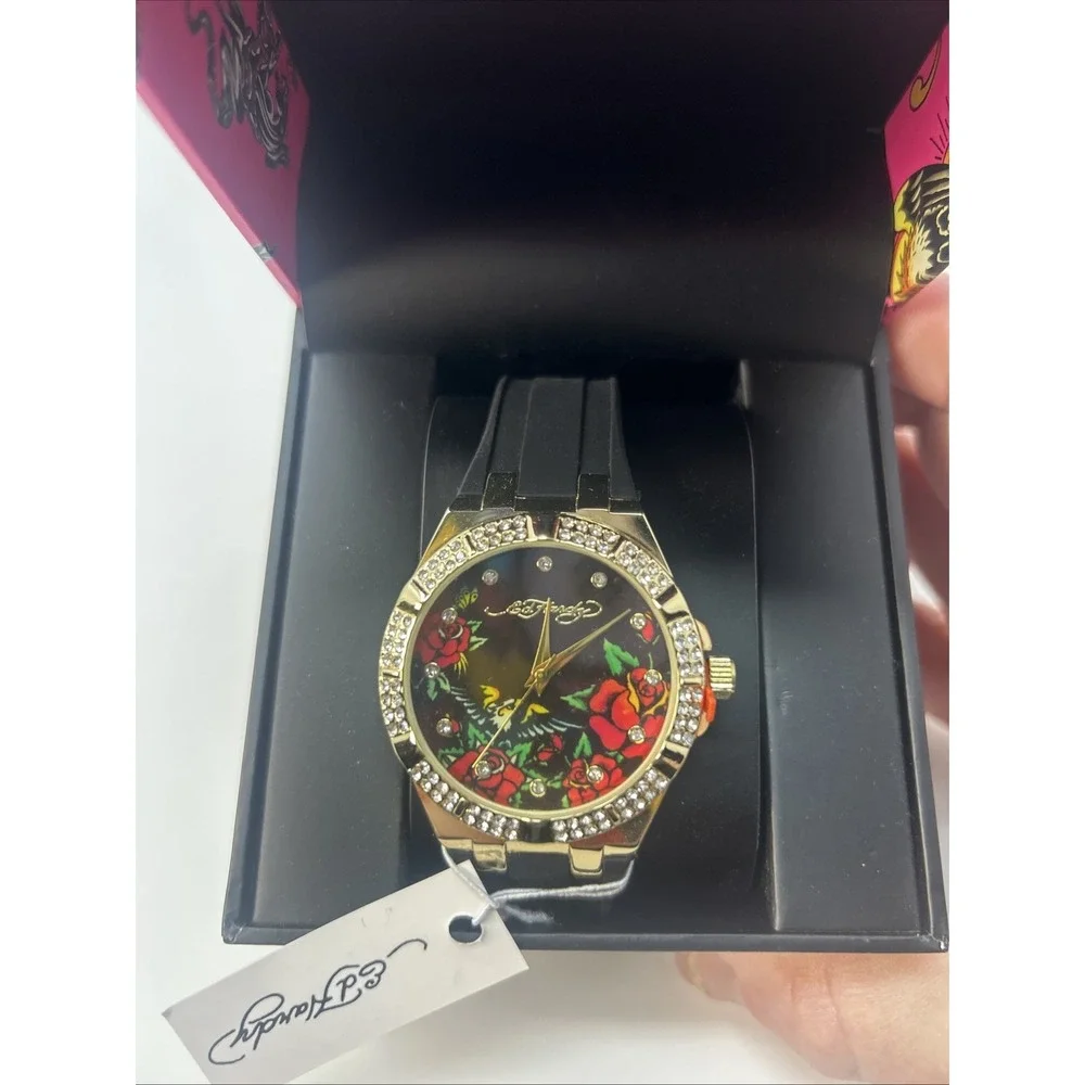 NIB Ed Hardy Women's Gold Crystal Embellished Eagle & Rose Watch ($85 Retail)